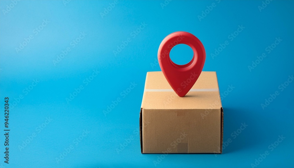 Cardboard box with red location pin on a blue background, concept of locating a package or delivery Cardboard box with red location pin on a blue background, concept of locating a package or delivery