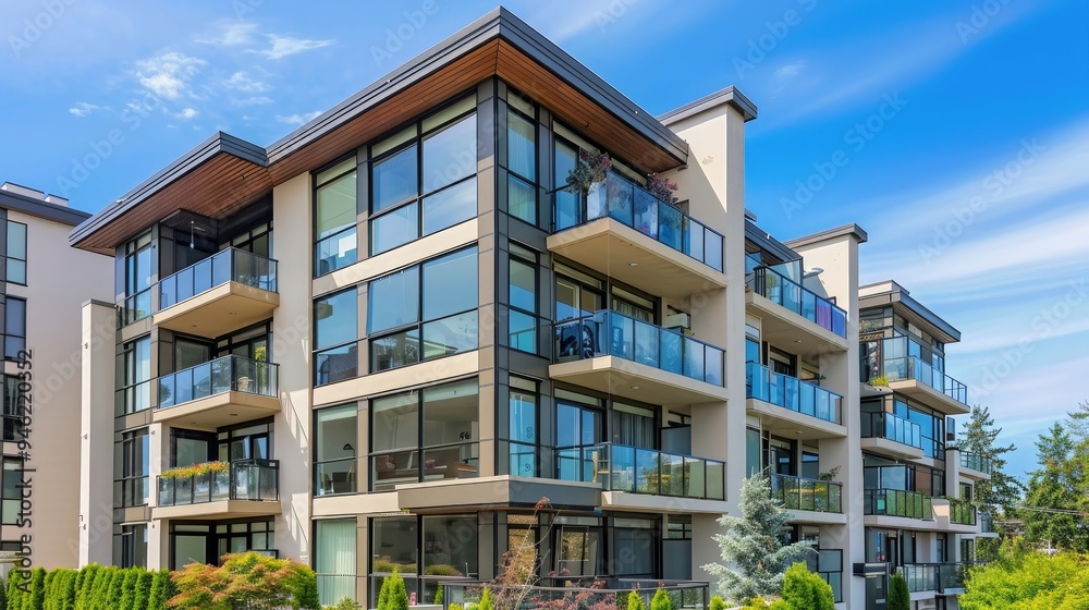 contemporary apartment building exterior with glass balconies an large windows with decorative elements. contemporary apartment building exterior with glass balconies an large windows with decorative elements.