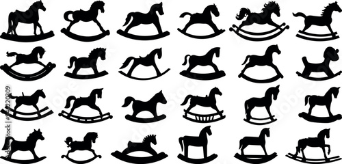 Set of 24 item rocking horse silhouette vector illustration