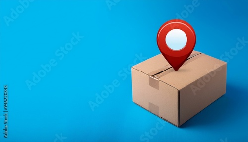 Cardboard box with red location pin on a blue background, concept of locating a package or delivery