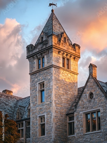A building with a clock tower and a sky with clouds.