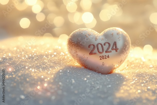 Happy New Year 2024 heart decoration on a snow covered surface.