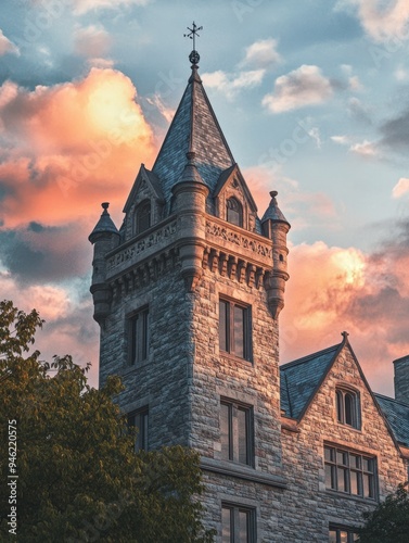 A castle-like building with a weathervane on top.