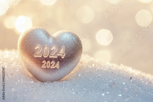 A heart-shaped decoration that says 2024 is on some snow.