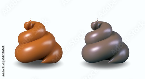 Set of 3D poops of different colors. Brown and black vector feces