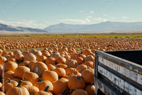 A pumpkin patch with mountains in the background.
