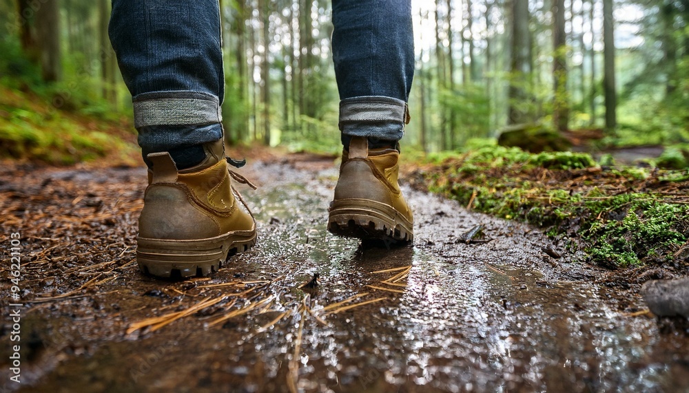 Close-up of hiking boots walking in forest with wet ground, trail in the forest on a rainy day Close-up of hiking boots walking in forest with wet ground, trail in the forest on a rainy day