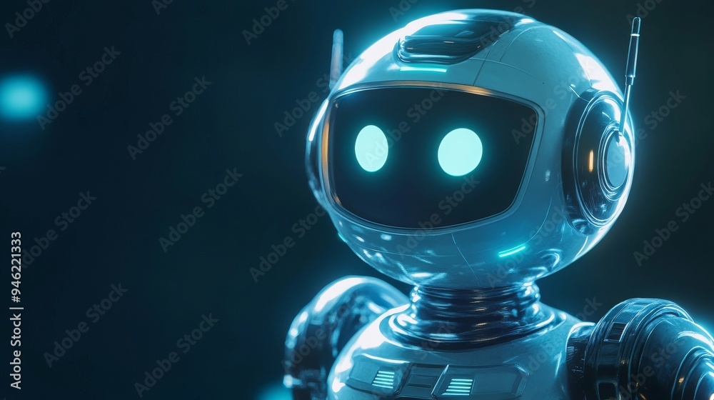 White robot looking with glowing blue eyes on dark background White robot looking with glowing blue eyes on dark background