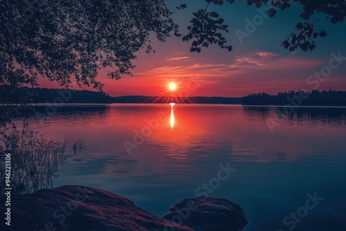 Sunset over a lake in the Finnish countryside