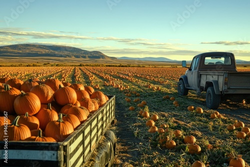 A pumpkin patch in the middle of a large field with a pickup truck parked next to it.