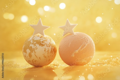 Two chocolate truffles shaped like planets, decorated with gold stars.