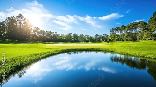 A picturesque golf course with a blurred water hazard reflecting the blue sky, highlighting the beauty of the landscape