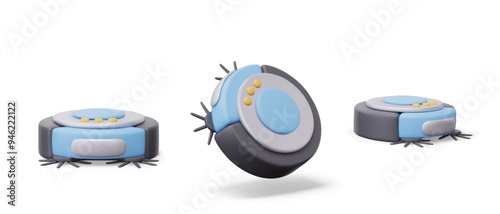 Round robot vacuum cleaner in different positions. Household appliances