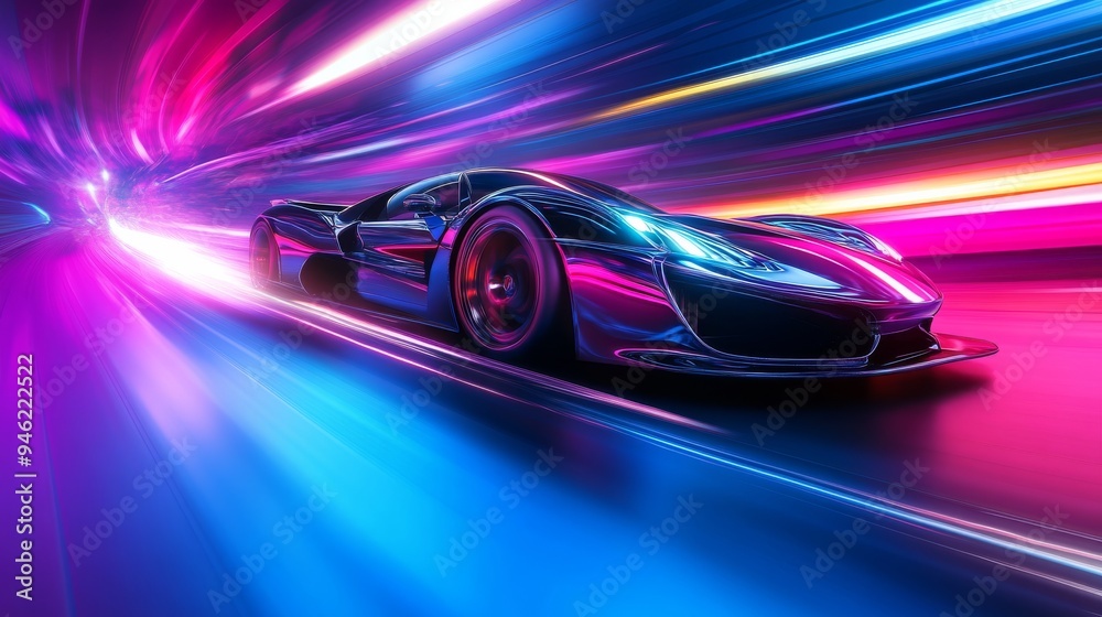 Modern sports car speeding in a tunnel with neon lights Modern sports car speeding in a tunnel with neon lights