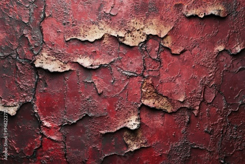 Cracked red paint on a wall.