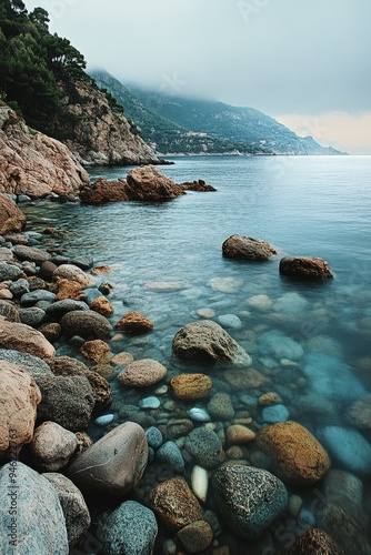 A beach with a rocky shore and a few trees.