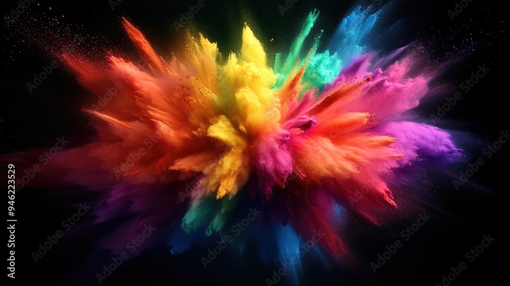 Vivid explosion of colorful powder against a dark background, showcasing dynamic energy and vibrant hues in motion. Vivid explosion of colorful powder against a dark background, showcasing dynamic energy and vibrant hues in motion.