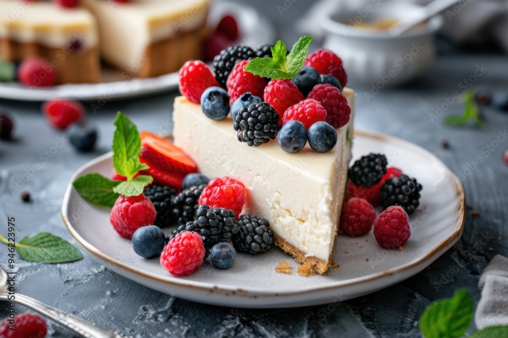 A slice of creamy cheesecake topped with fresh berries and mint leaves A slice of creamy cheesecake topped with fresh berries and mint leaves