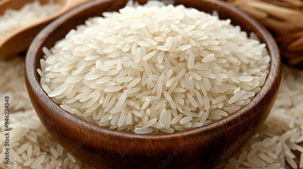 A bowl filled with uncooked white rice, showcasing its texture and natural color. A bowl filled with uncooked white rice, showcasing its texture and natural color.