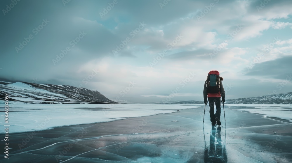Lone hiker walking on frozen lake with dramatic clouds Lone hiker walking on frozen lake with dramatic clouds