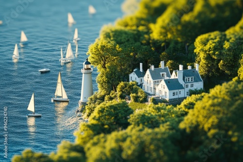 A lighthouse and sailing boats on a lake