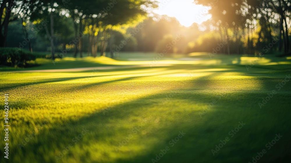 A serene golf course with lush green fairways, blurred trees in the background, and morning sunlight casting long shadows A serene golf course with lush green fairways, blurred trees in the background, and morning sunlight casting long shadows