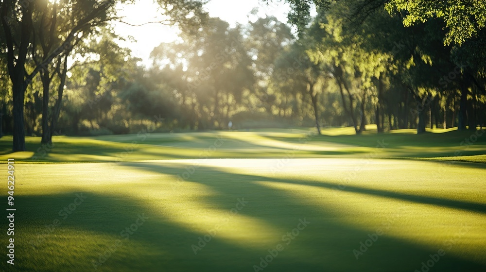 Fototapeta premium A serene golf course with lush green fairways, blurred trees in the background, and morning sunlight casting long shadows