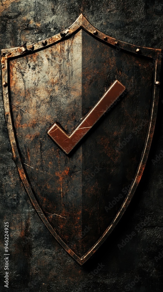 Fototapeta premium A decorative shield is displayed prominently, featuring a bronze checkmark against a weathered, dark surface, conveying strength and assurance