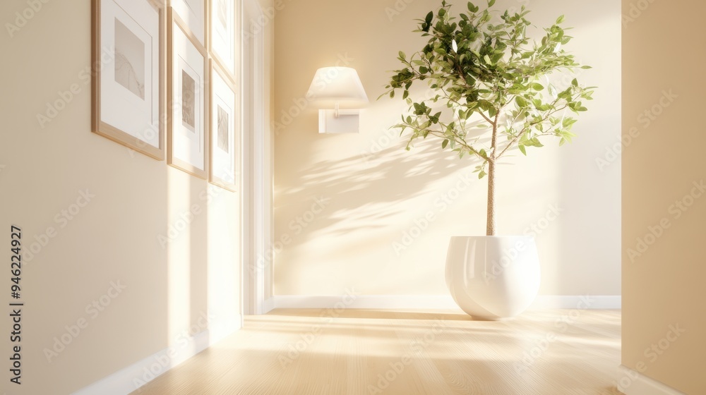 Cozy hallway with a warm color palette, soft lighting, and a collection of framed photographs. Cozy hallway with a warm color palette, soft lighting, and a collection of framed photographs.
