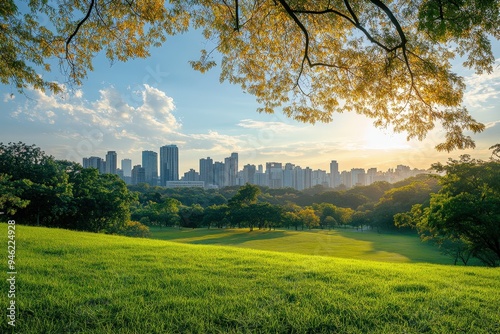 A park with a view of the city skyline at sunset.