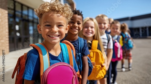 Happy Kids with Backpacks Standing in Line Outside School