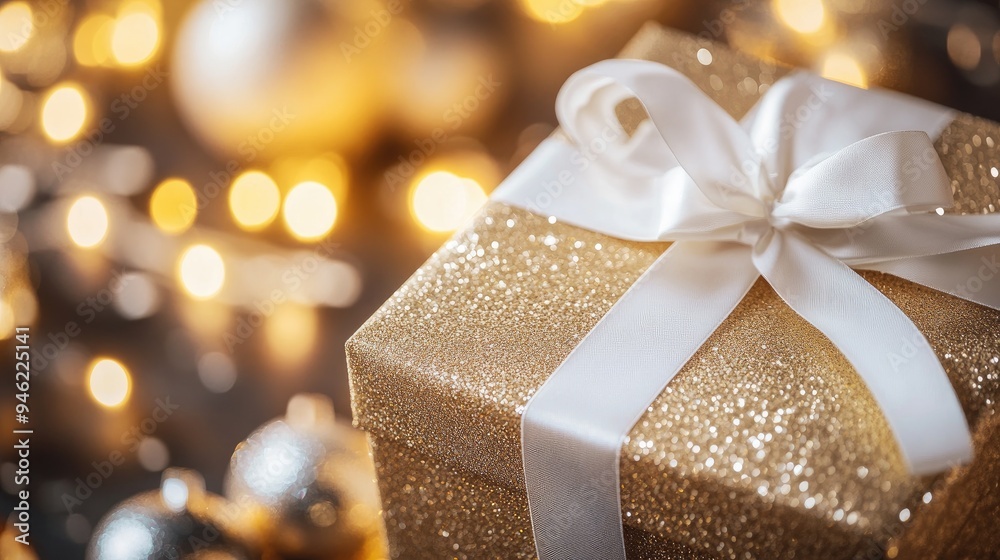 A shiny gold gift box with a white ribbon, with a blurred New Year's Eve party background, capturing the festive spirit A shiny gold gift box with a white ribbon, with a blurred New Year's Eve party background, capturing the festive spirit