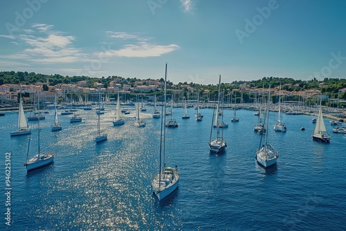 Aerial view of a marina with many boats