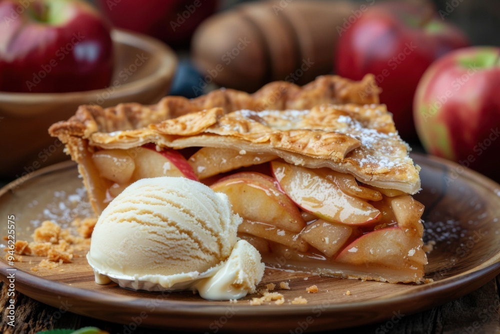 A slice of homemade apple pie with a scoop of vanilla ice cream A slice of homemade apple pie with a scoop of vanilla ice cream