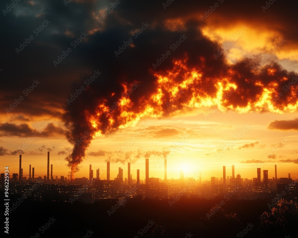 Sunset over industrial area with large plume of smoke, symbolizing environmental pollution and atmospheric issues caused by manufacturing.