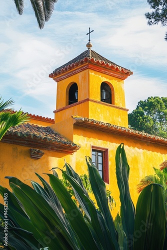 A yellow building with a red tiled roof and a cross on top.