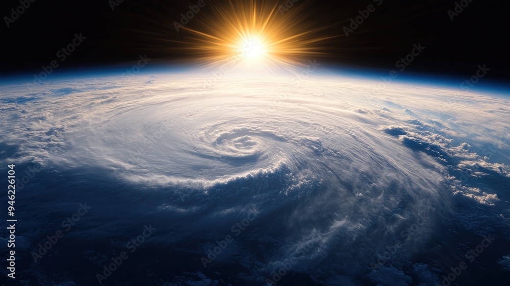 Sunrise over a massive cyclone viewed from space, illustrating the beauty and power of Earth's weather systems. Sunrise over a massive cyclone viewed from space, illustrating the beauty and power of Earth's weather systems.