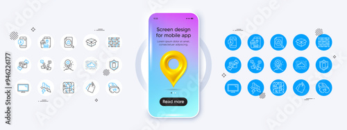 Phone mockup with 3d map pin icon. Online voting, Metro map and Food app line icons. Pack of Vr, Sale tags, Refresh website icon. Cloud system, Monitor, Loyalty points pictogram. Vector