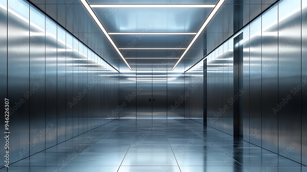 A futuristic metal corridor gleams with light fixtures and a reflective floor.