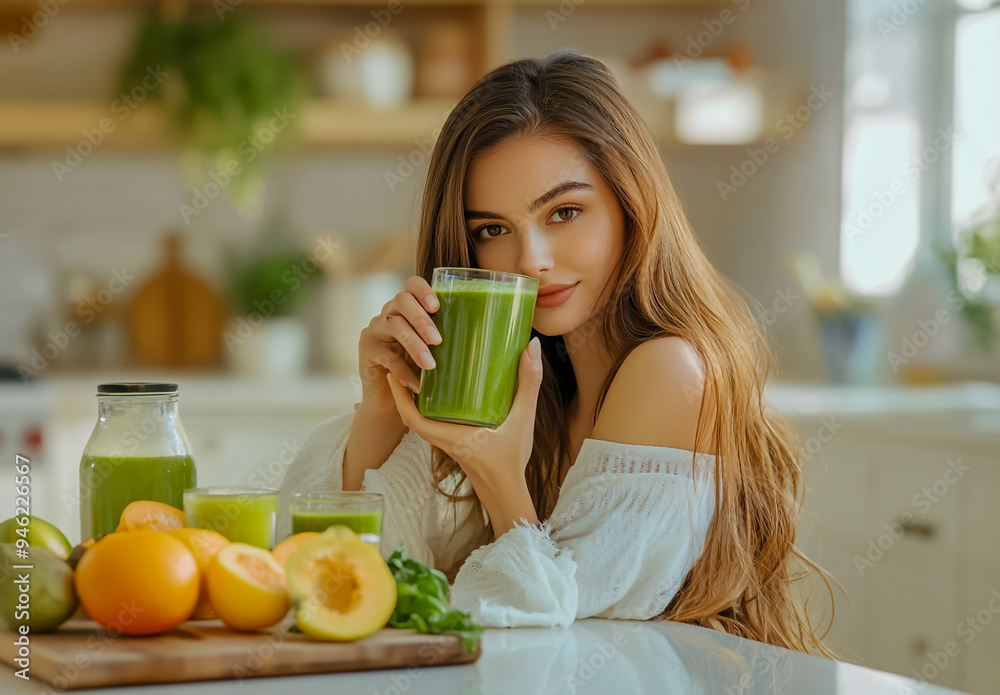 Attractive woman in white drinking green juice at her kitchen table with fruit.