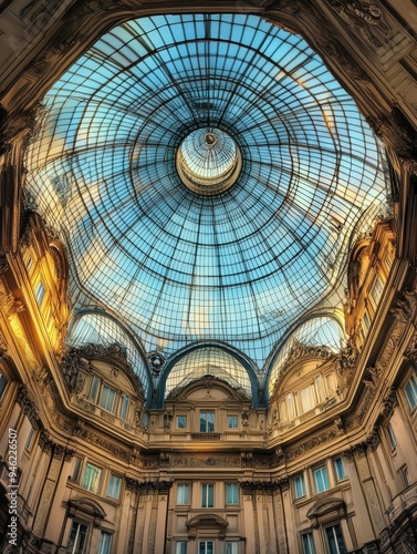 A large glass ceiling in a building.