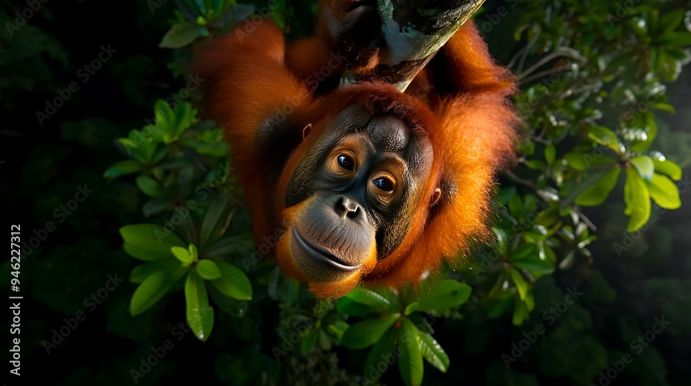 Obraz premium Endangered orangutan in fragmented rainforest, 