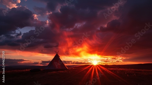 Fototapeta Naklejka Na Ścianę i Meble -  Dramatic sunset illuminating a native american teepee on the great plains