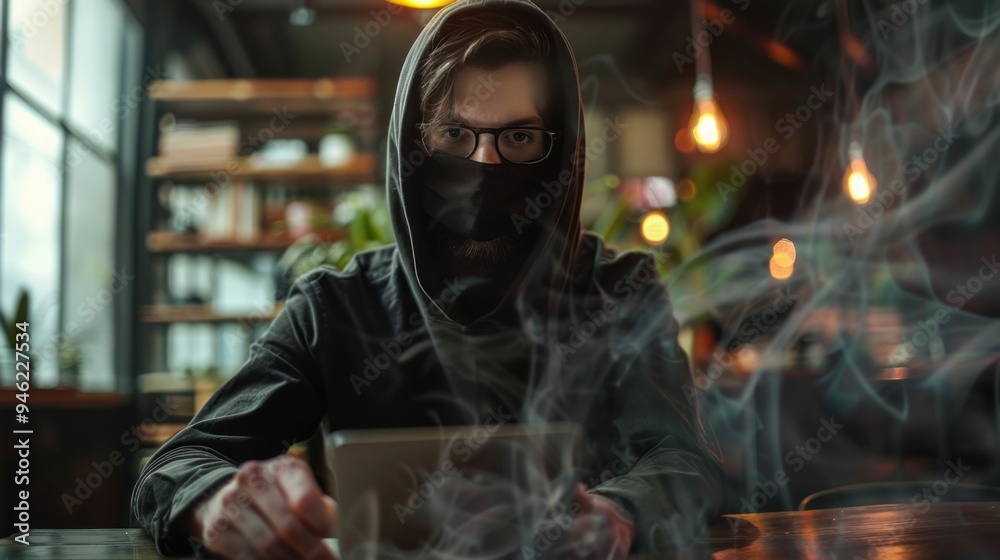Mysterious figure in a hoodie sitting in a dimly lit cafe, surrounded by smoke, focused on a tablet screen Mysterious figure in a hoodie sitting in a dimly lit cafe, surrounded by smoke, focused on a tablet screen