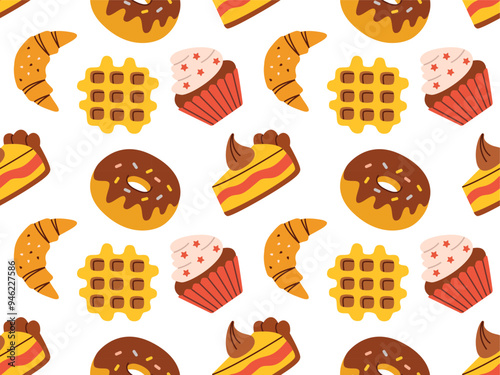 Seamless flat-style pattern featuring a delightful assortment of baked goods like donuts, cupcakes, waffles, and croissants. Perfect for product packaging, textiles, and cozy, sweet-themed designs.