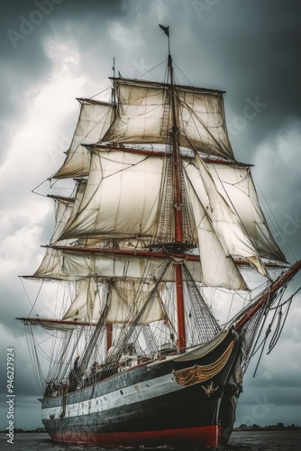 A tall ship with white sails against a stormy sky.