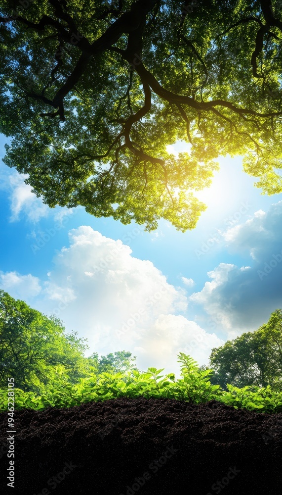 Majestic forest with sunlight streaming through the trees, capturing the vibrant lush greenery and a beautiful blue sky. Majestic forest with sunlight streaming through the trees, capturing the vibrant lush greenery and a beautiful blue sky.
