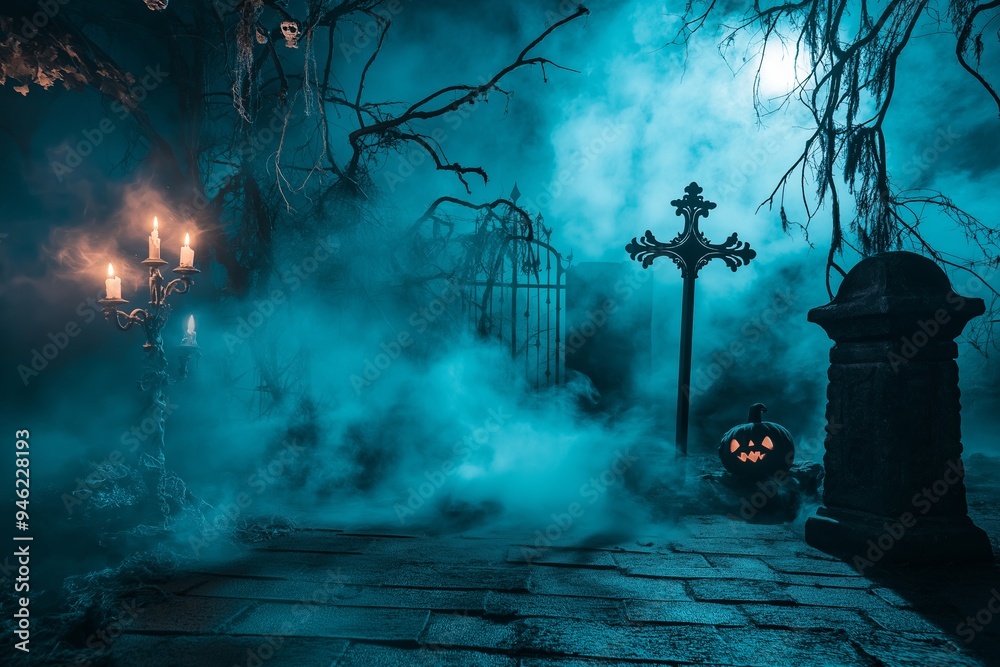 Fototapeta premium A graveyard scene with fog, an iron gate, a cross monument, and a glowing jack-o'-lantern on Halloween night.