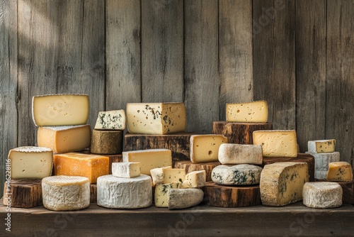 A variety of cheeses, including brie, cheddar, and blue cheese.