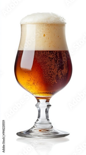 Snifter glass overflowing with refreshing cold dark beer and foam